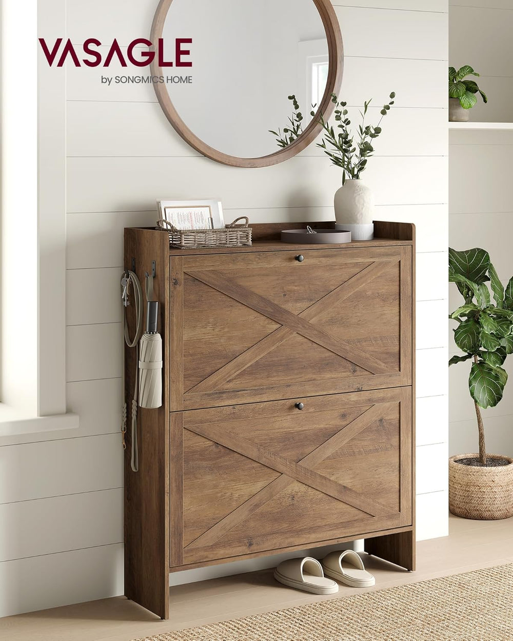VASAGLE Narrow Shoe Storage Cabinet Organizer with 2 Flip Drawers