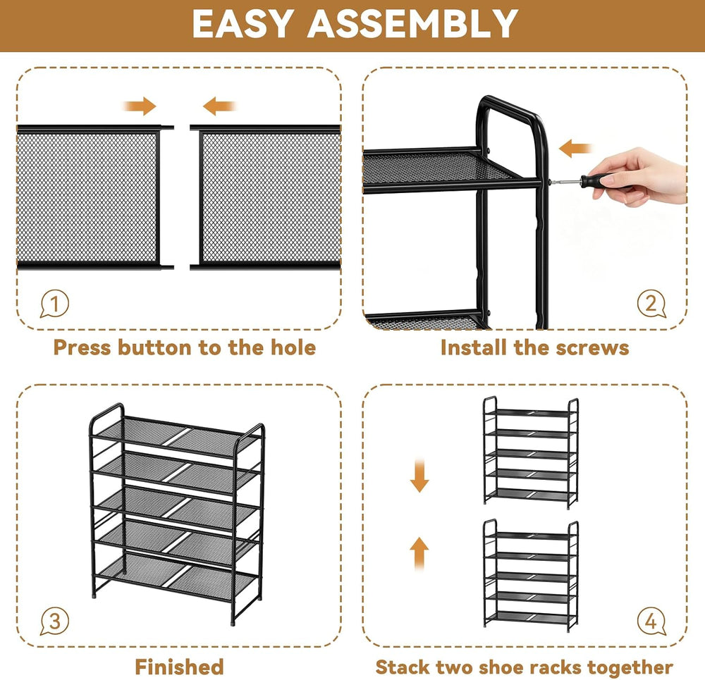 Shoe Rack 5 Tier 27" Heavy Duty Metal Mesh Closet Shoe Organizer, Black