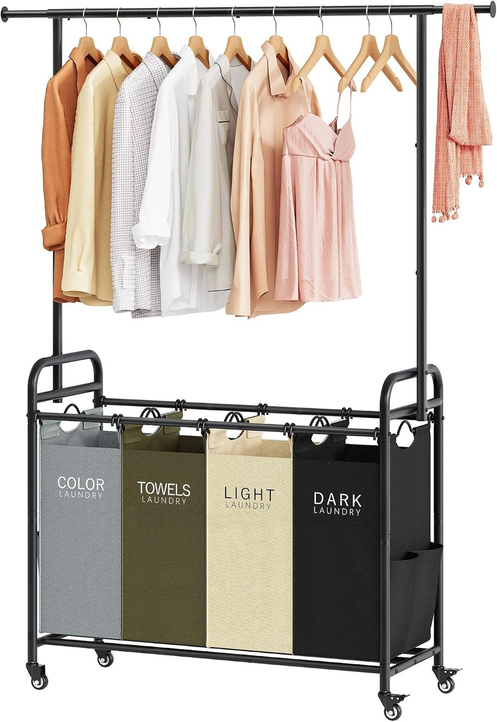 Tajsoon Laundry Sorter Cart with Hanging Clothes Rack, 4 Section, 4 Colors