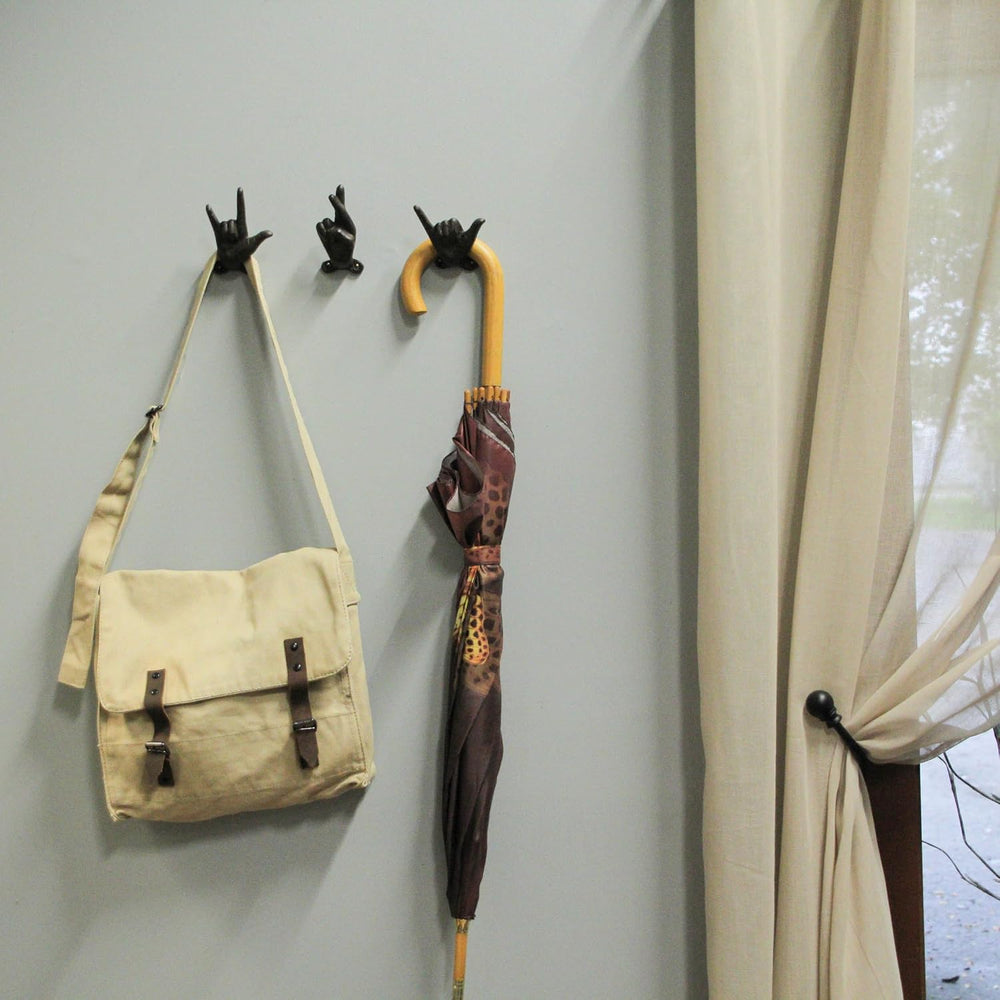 Zeckos Set of 3 Hand Gesture Wall Hooks, Brown Distressed Cast Iron, 4 Inch