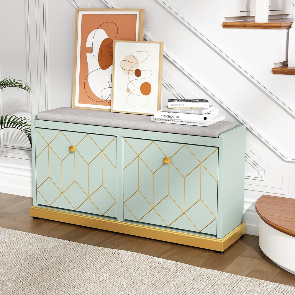 HLR Shoe Storage Bench with 2 Flip Drawer & Padded Cushion Seat