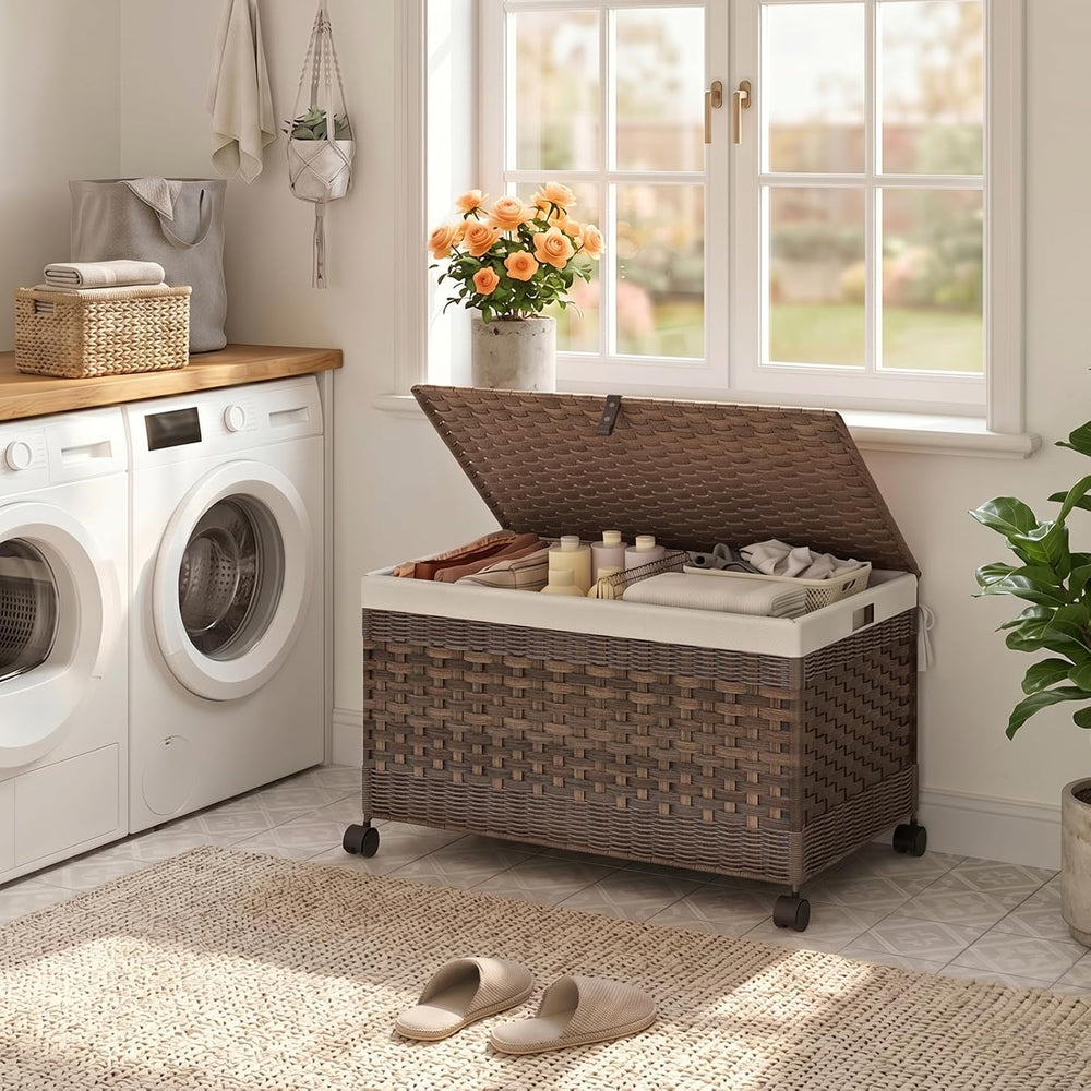 HOOBRO Storage Basket with Lid, 42.3 Gallon (160 L) Woven Storage Bin with Wh...