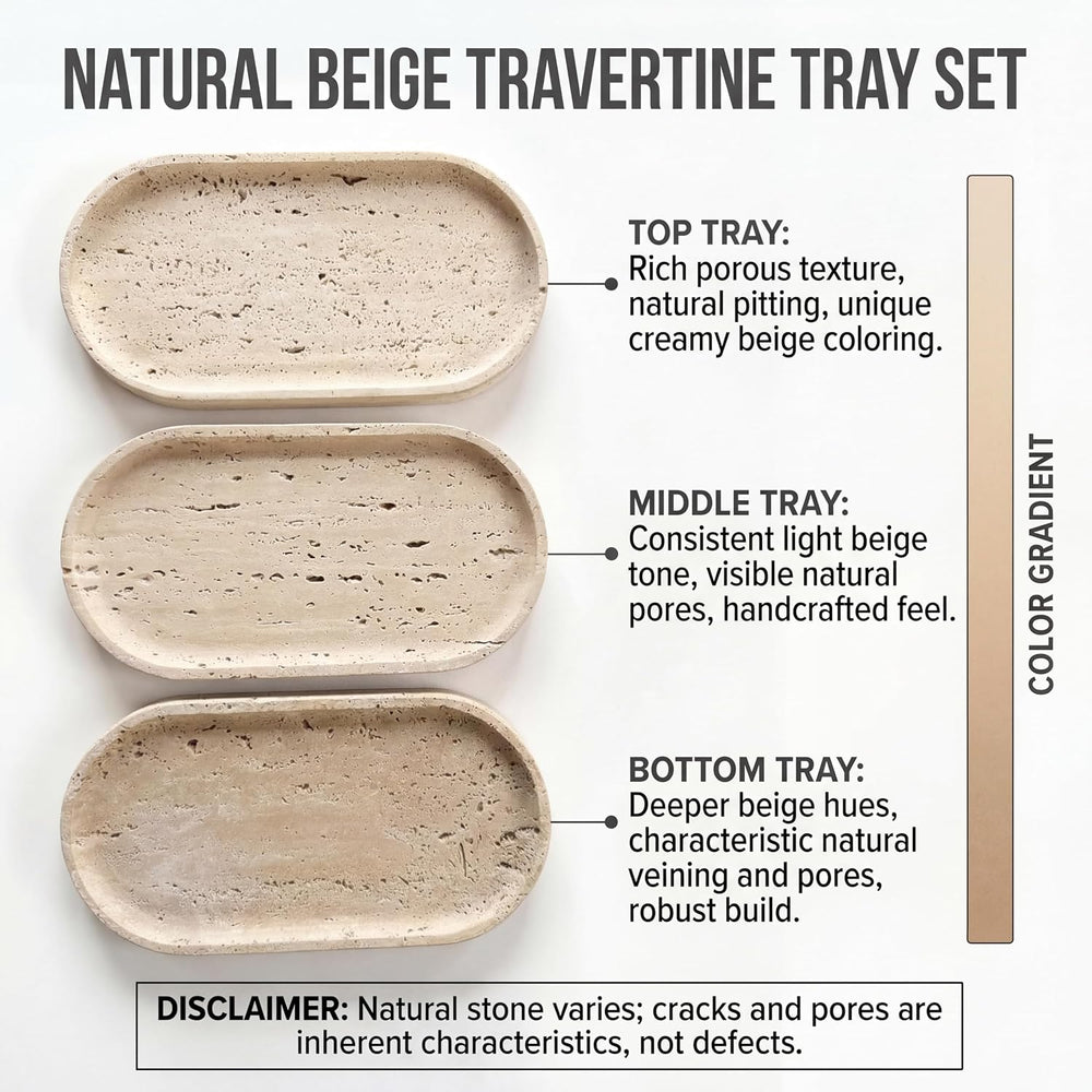 YKAJO Natural Travertine Beige Oval Marble Tray, 11.8x5.9 Vanity Organizer