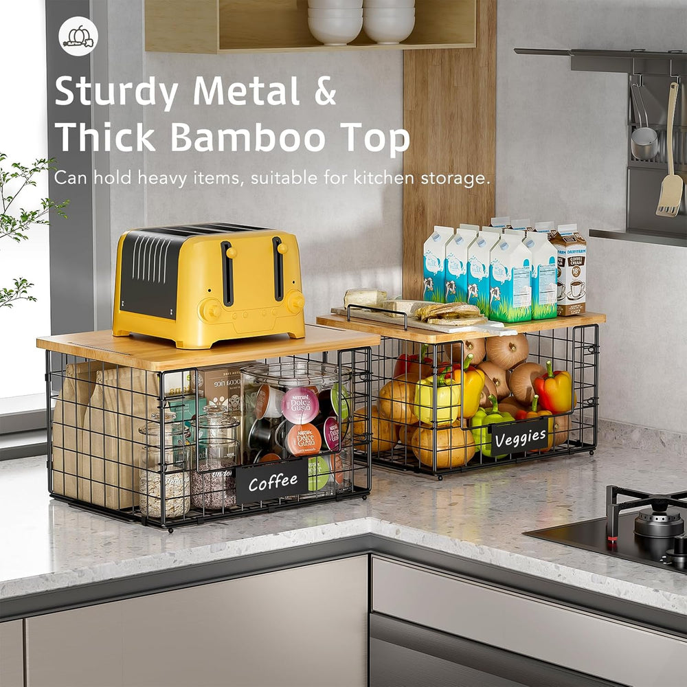 2 Pack Stackable Wire Baskets with Bamboo Top,Pantry Organizers Counter