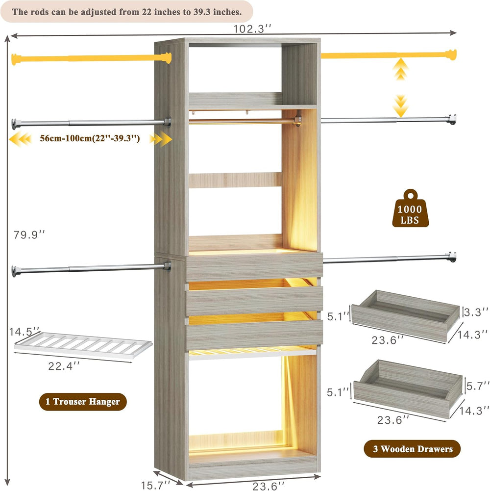 Closet System, 4-8 FT Closet Organizer with 3 Wood Drawers & Glass Top, Oak