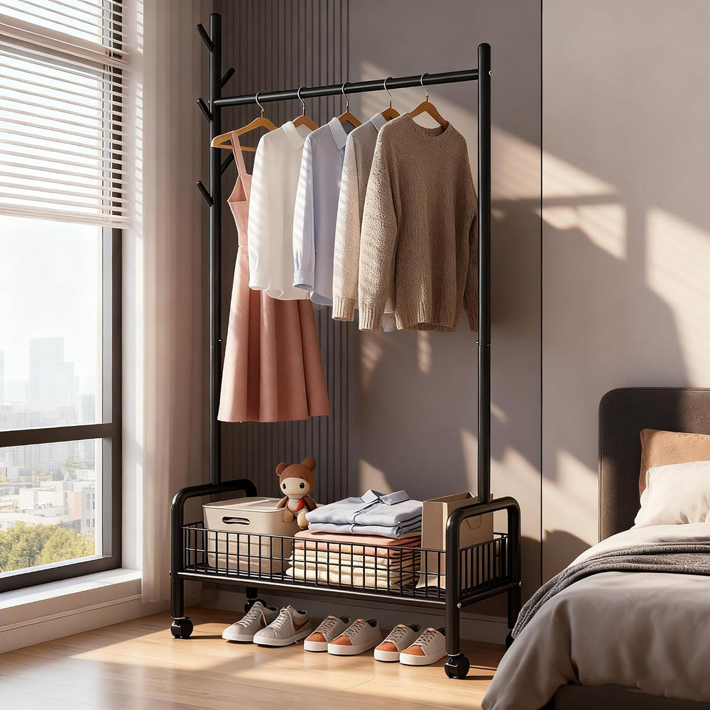 MYUPDALIN Rolling Metal Clothes Rack with Shelves & Storage Basket, Black