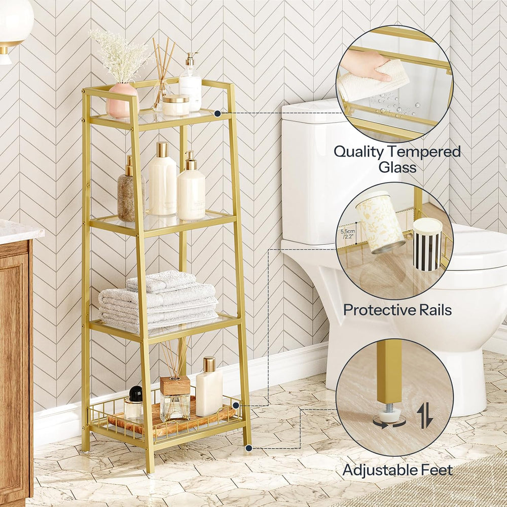 HOOBRO Gold Glass Shelf Stand, 4 Tier Standing Shelf Unit, Bathroom Organizer...