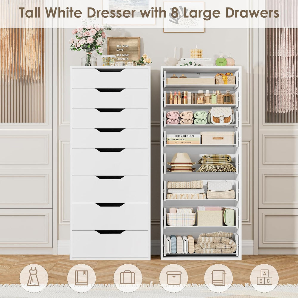 FACBOTALL 44.5" Tall White Dresser, 8 Drawer Dresser with Groove Handles