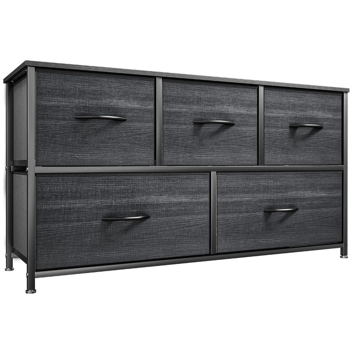 YITAHOME Dresser with 5 Drawers - Fabric Storage Tower, Organizer Unit for Bedroom, Living Room, Closets - Sturdy Steel Frame, Wooden Top (Black Wood Grain)