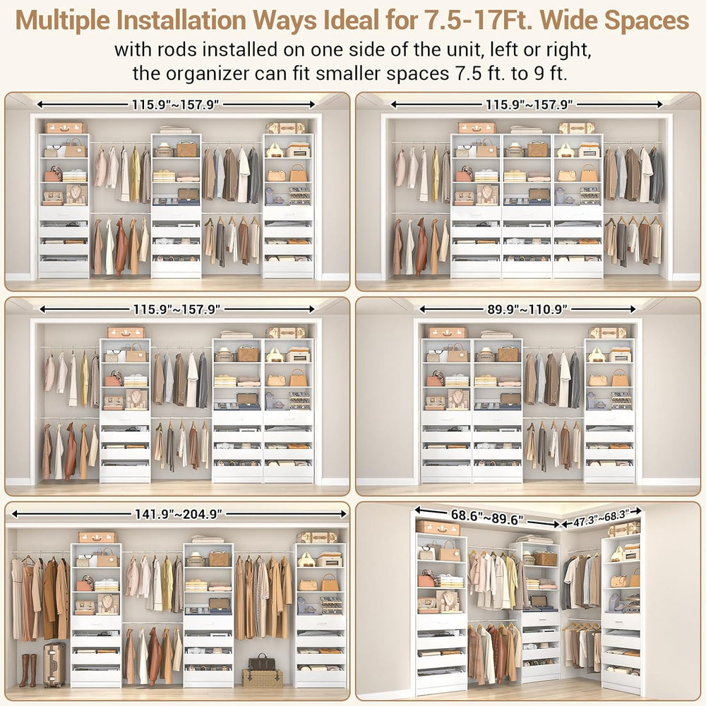 Aheaplus Closet System with 12 Drawers, 8.5-11.5Ft Closet Organizer System
