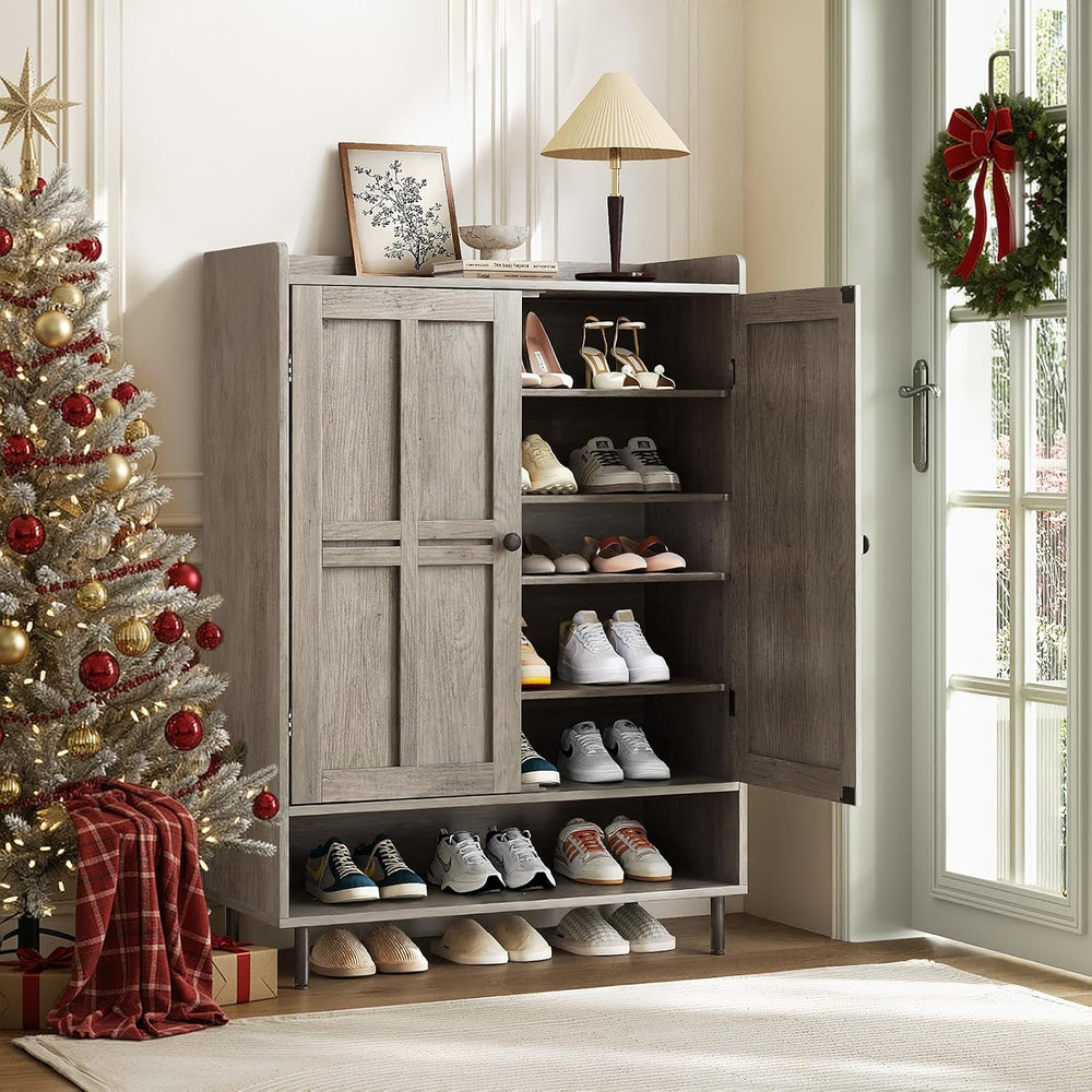 ComfyCorner Shoe Cabinet with Cross Molding Doors, 6-Tier Storage, Grey
