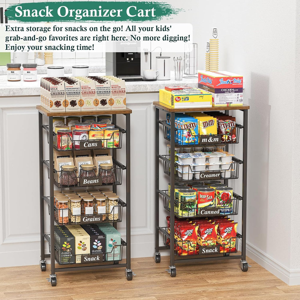 OKZEST 5-Tier Kitchen Storage Cart with 4 Upgraded Drawer Basket & Wood Top