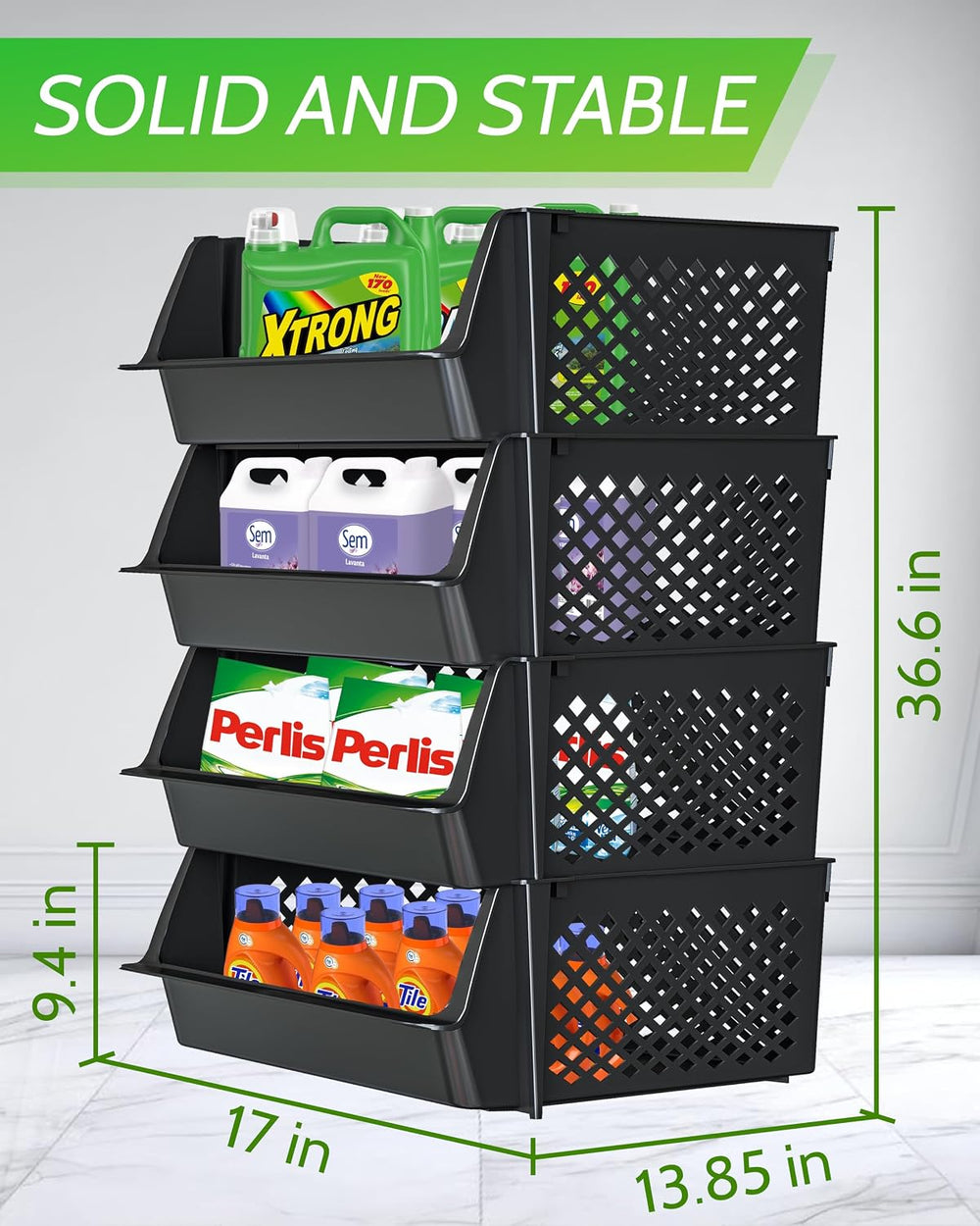 Large Stackable Storage Bins Open Front for Pantry Storage, 4 Pack - Black