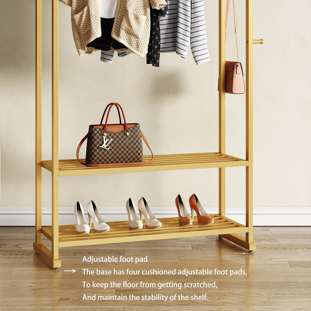 Gold Clothing Rack with 2 Shelves and Side Hooks,Freestanding Metal Garment R...