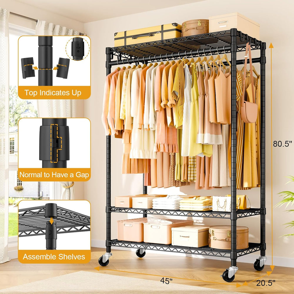 ULIFHOME Clothes Rack, Rolling Clothing Racks for Hanging Clothes, Black