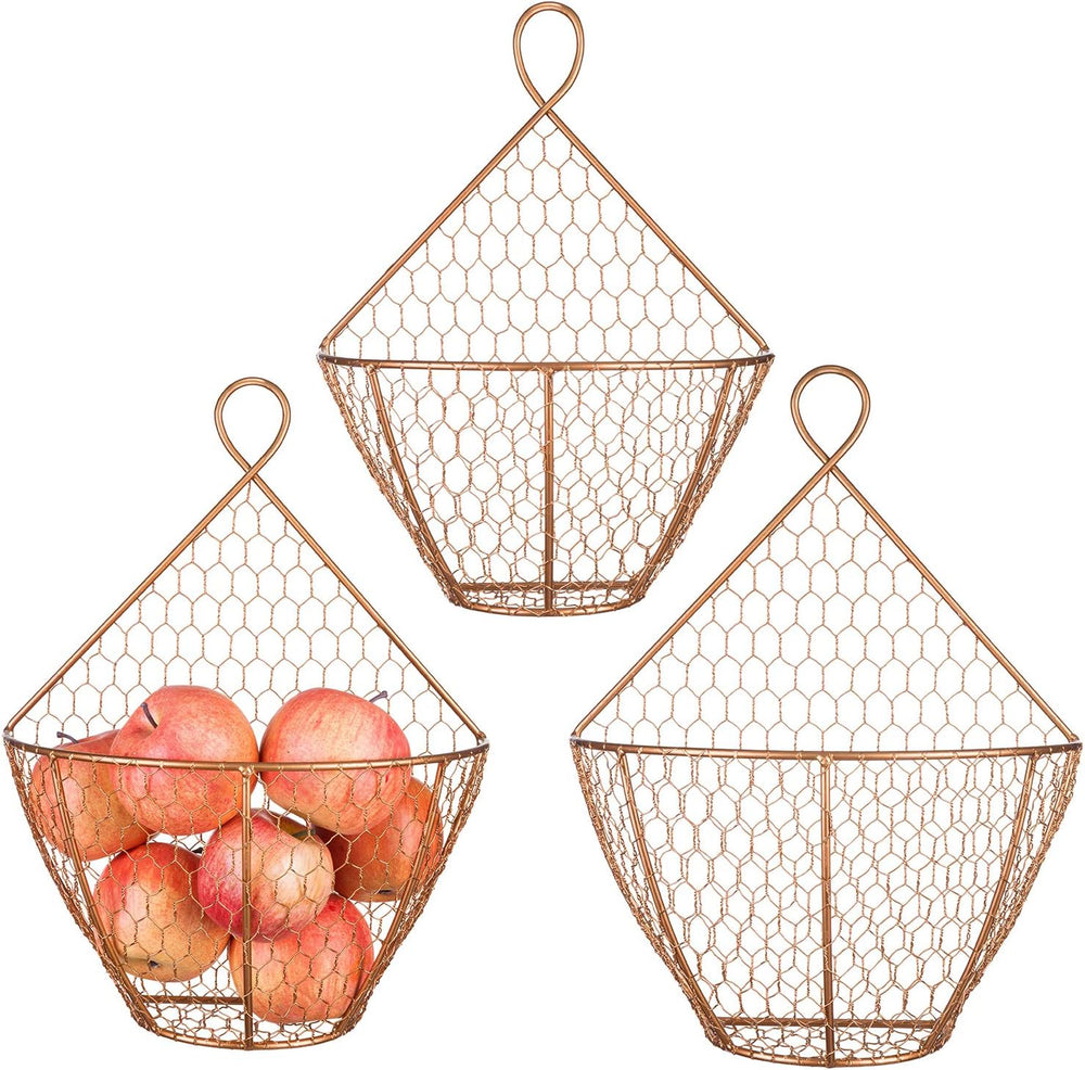 MyGift Set of 3, Farmhouse Copper Metal Wire Mesh Wall Hanging Baskets, Wall-...