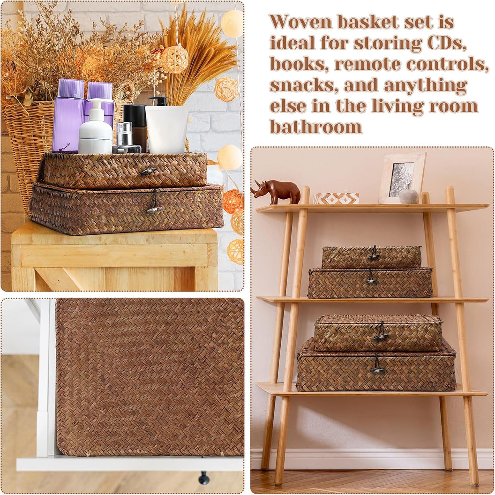 Didaey Set of 4 Seagrass Basket with Lid Wicker Storage Basket Decorative Sto...