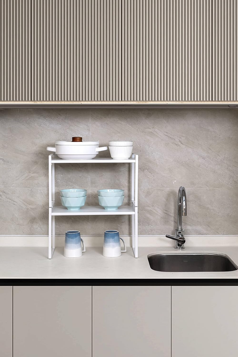 Nxconsu Stackable Cabinet Shelf Organizer 2 Pack, Wide Tall White