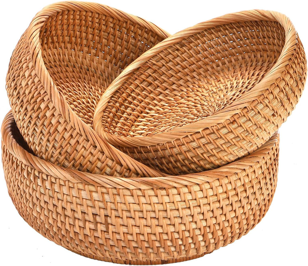 Jucoan 3 Pack Round Rattan Fruits Bread Baskets, Vintage Hand-woven Wicker Fr...