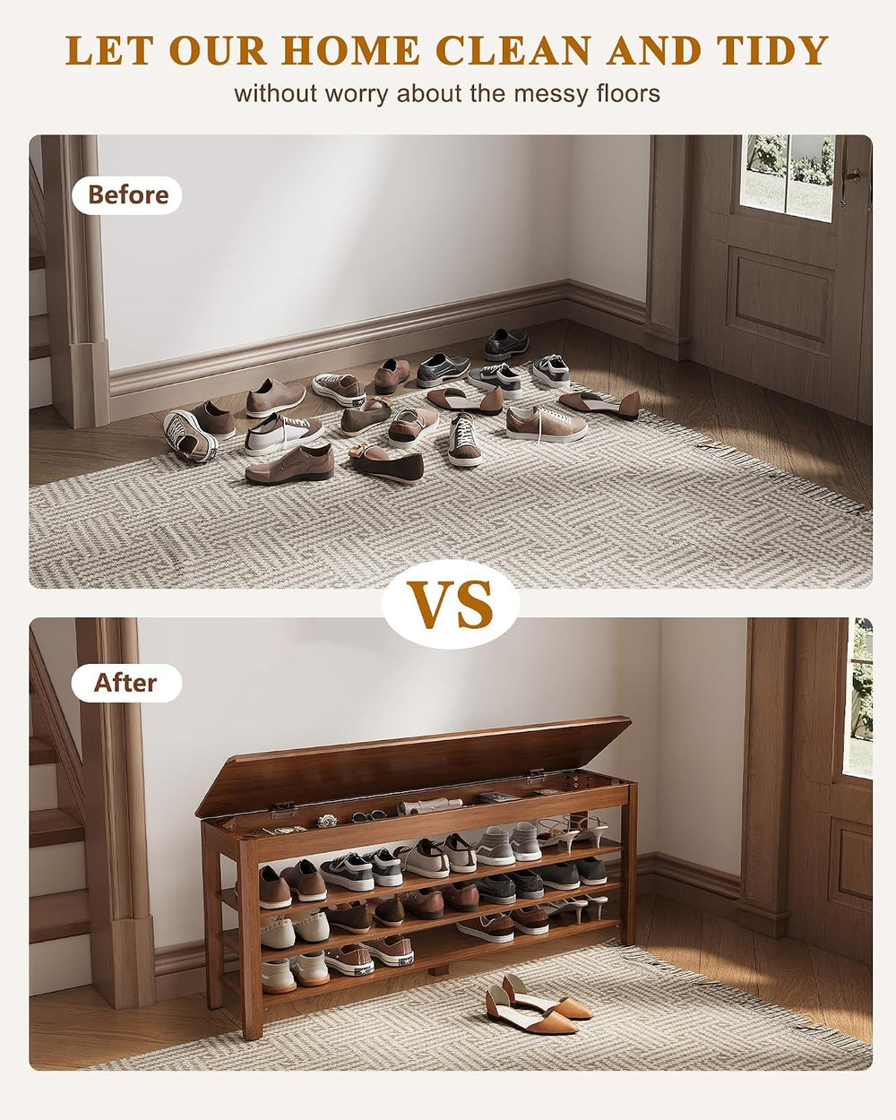 IUNVR Shoe Rack Bench Seat Rubberwood 3-Tier Wooden Storage Bench 550lbs Comp...