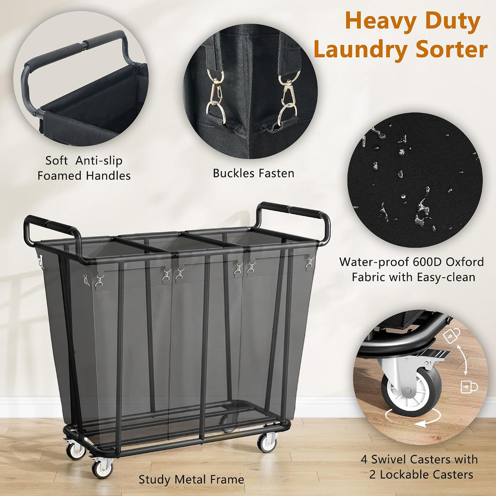 Gewudraw 3 Section Heavy Duty Laundry Sorter Cart with Wheels, 360L, Black