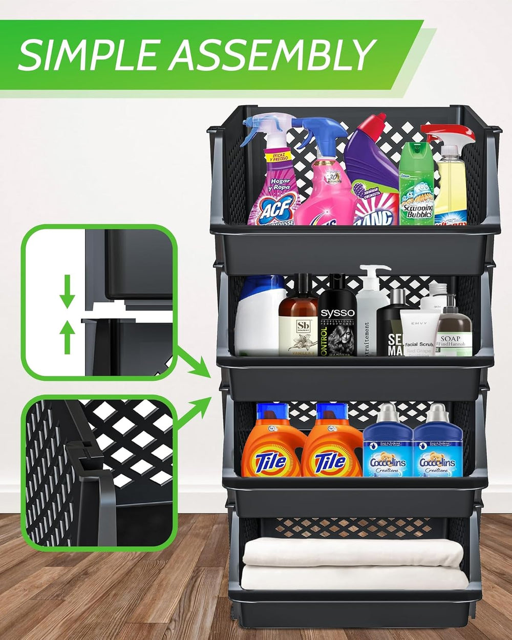 Large Stackable Storage Bins Open Front for Pantry Storage, 4 Pack - Black