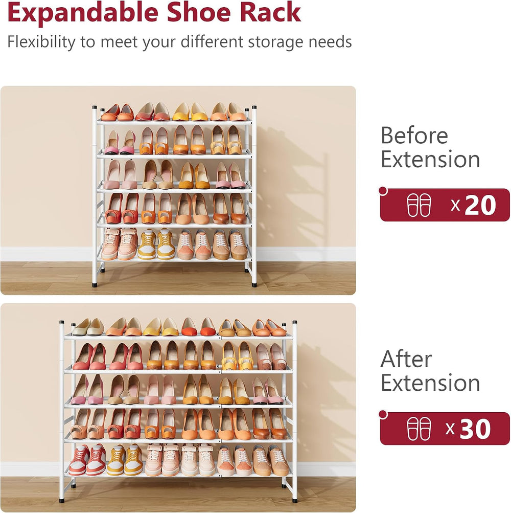Tajsoon Expandable Shoe Rack for Closet 5 Tier, 28“-41“Stackable, White