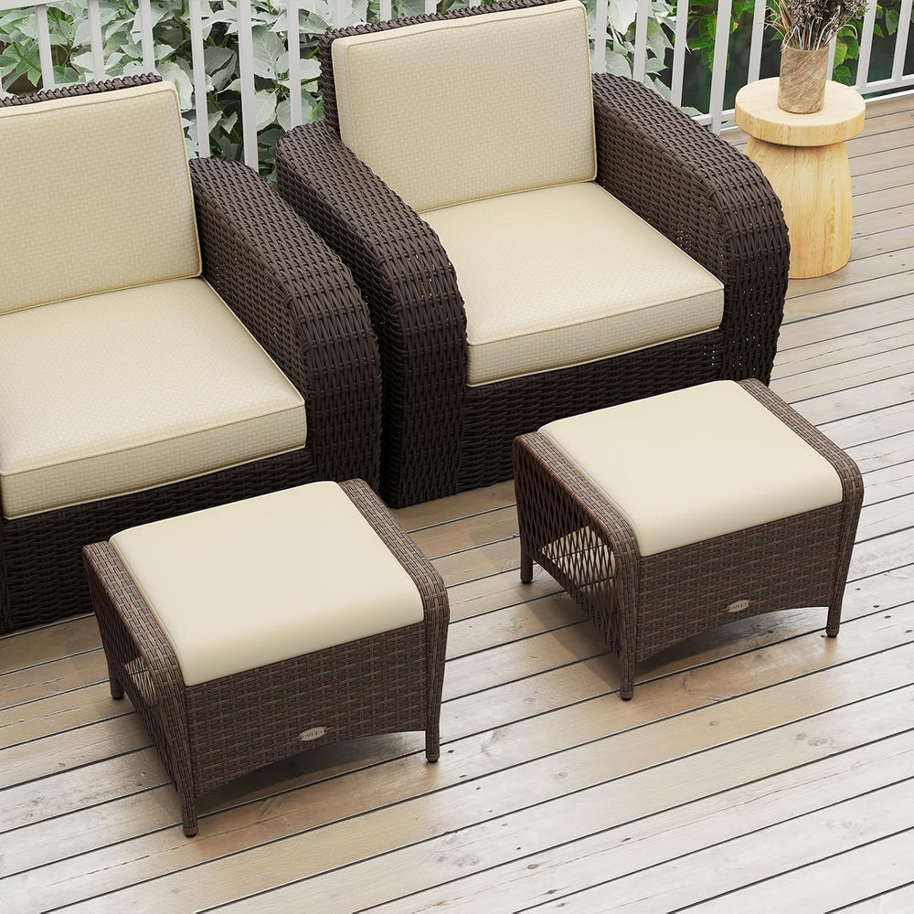 RELAX4LIFE 2-Piece Wicker Outdoor Ottoman - Rattan Footstools w/Removable Cus...