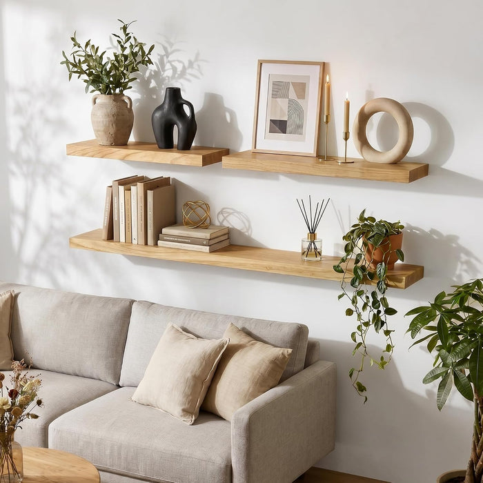 fuqing Natural Wood Floating Shelves, 24'' Wood Shelves for Wall Set of 2
