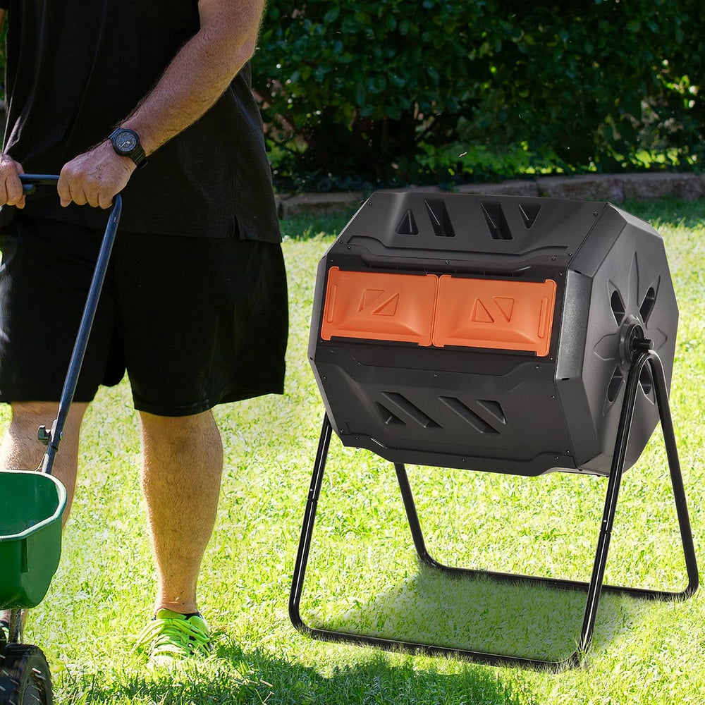 Outsunny Tumbling Compost Bin 360° Dual Chamber 43 Gallon, Orange