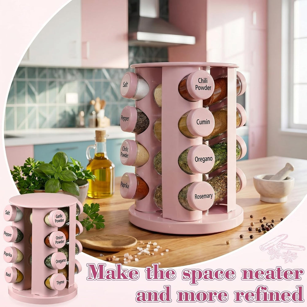Yungyan Pink Rotating Spice Rack with 16 Empty Jars and Labels