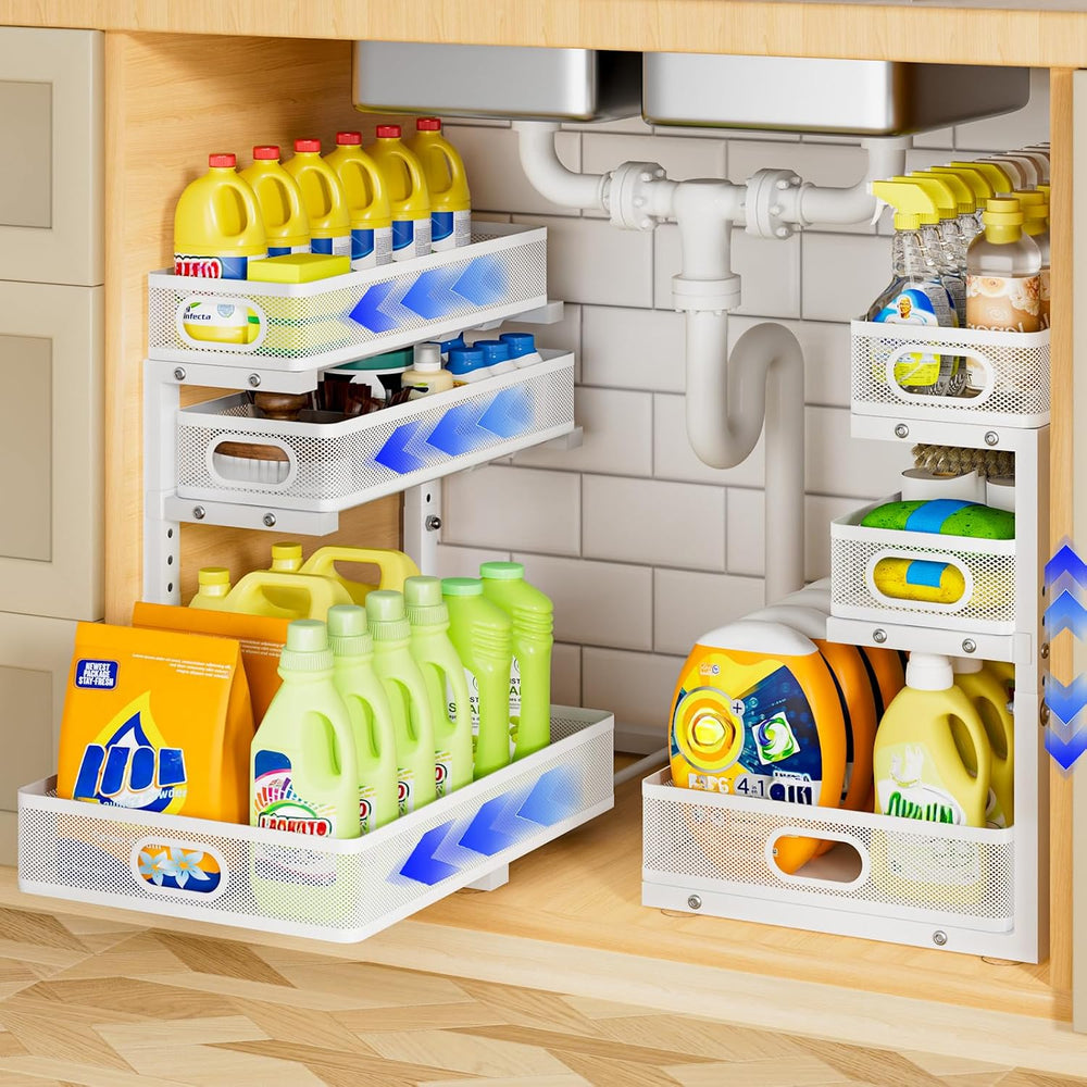 Under Sink Organizer 3 Tier, 2 Pack L-Shaped Pull-Out Cabinet Organizer with ...
