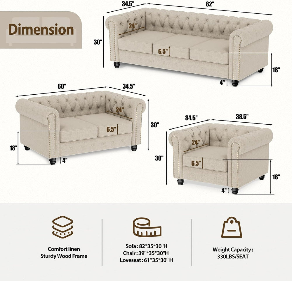 Morden Fort 3 Piece Classic Chesterfield 6-Seater Set, Tufted Chair & Lov...