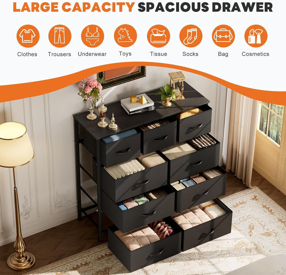 Sweetcrispy 9-Drawer Fabric Dresser Storage Tower with Wood Top, Black