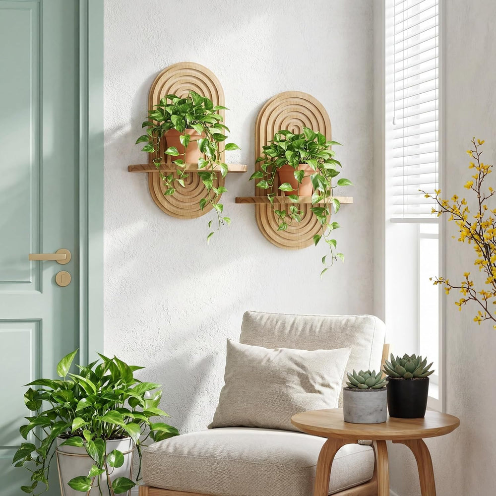 Heiple Set of 2 Boho Arched Floating Shelves 15.7”x 7.8” Plant Wooden Hanging...