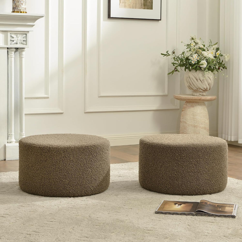 KINWELL Modern Round Boucle Ottoman Set of 2 (24" D x 24" W x 13&qu...
