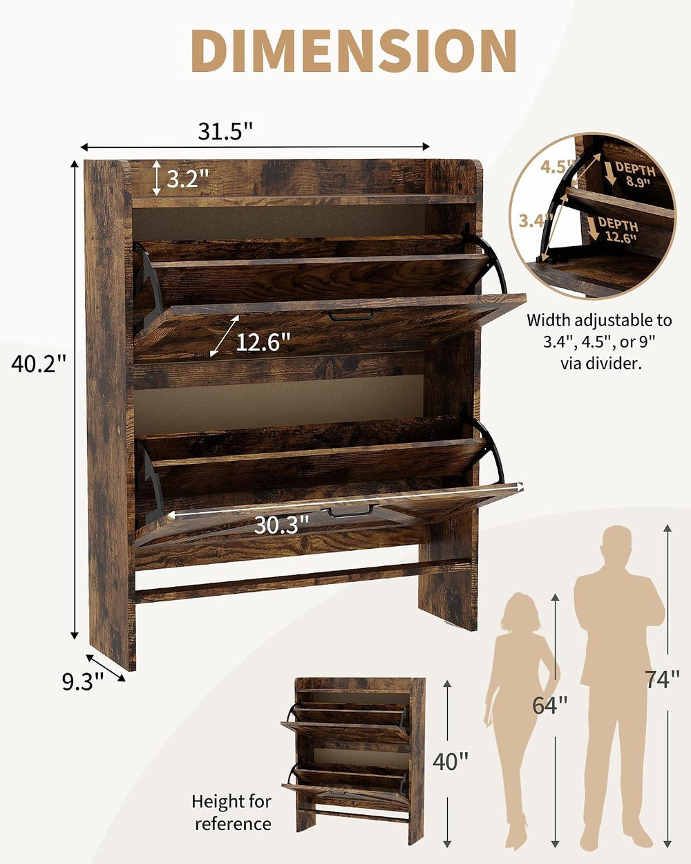 Slim Narrow Shoe Storage Cabinet for Entryway - 2 Flip-Up Drawers Freestandin...
