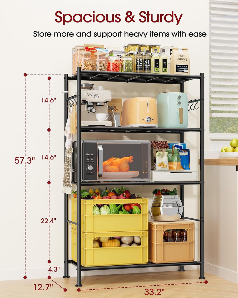 Sakugi 4-Tier Storage Shelves with 6 Hooks, 33.2" x 12.7" x 57.3&qu...