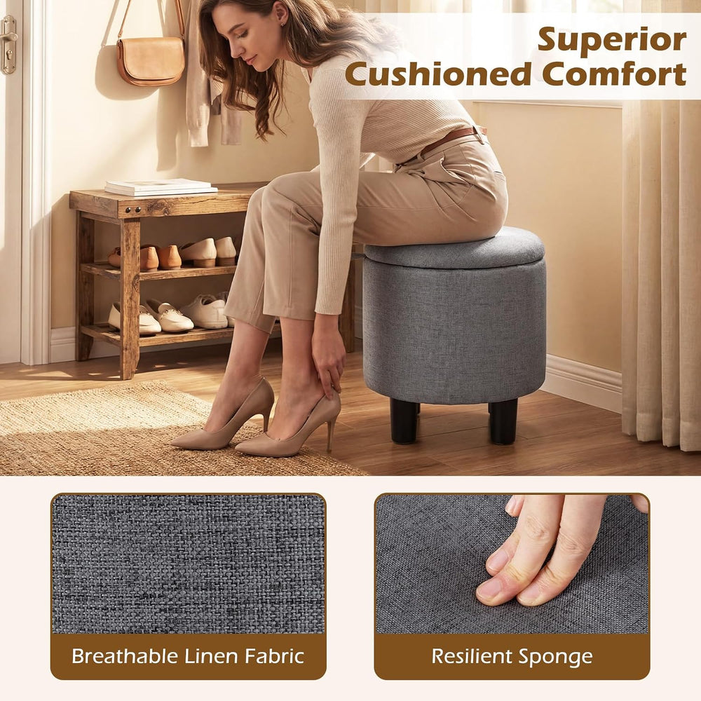 GIANTEX Linen Fabric Round Storage Ottoman with Removable Lid, Gray