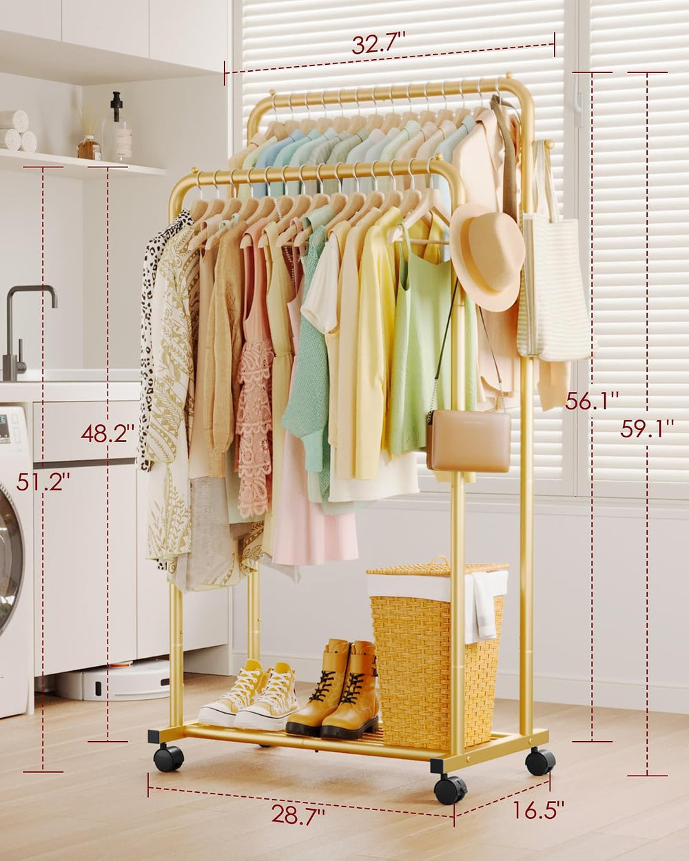 Sakugi Double Rod Clothes Rack Mesh Shelf & Hooks, 28.7x16.5x59.1, Gold