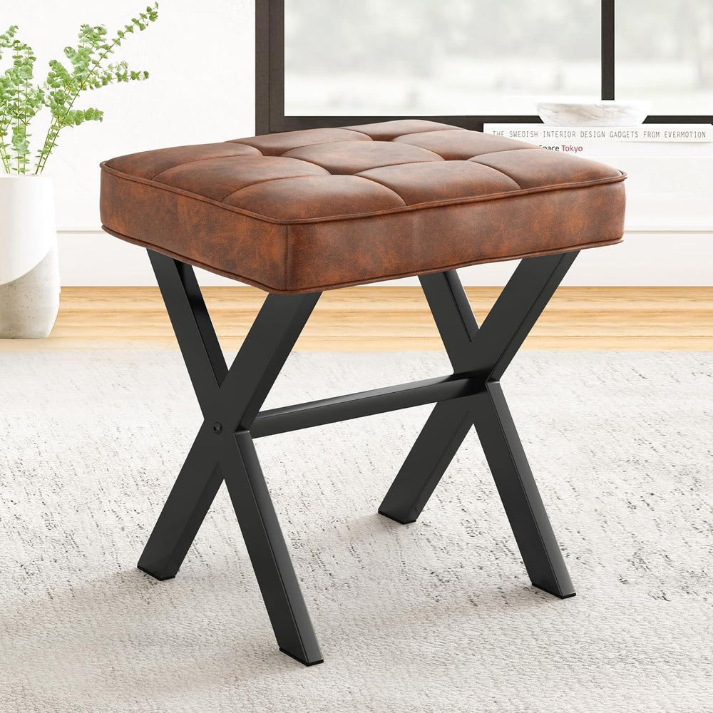 LUE BONA Vanity Stool, Square Faux Leather Makeup Stool with Metal X Legs, Sm...