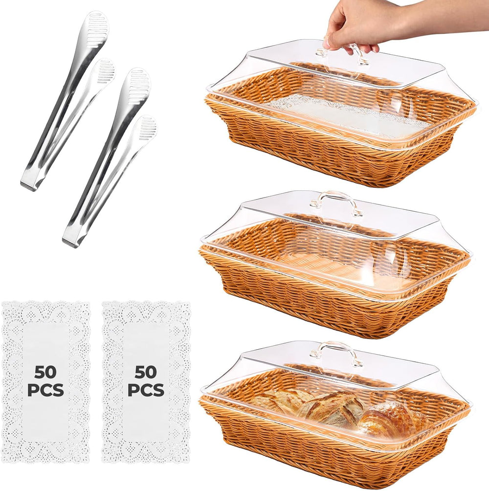 Rattan Bread Baskets, 3 Pack, rectangular Woven Baskets with Acrylic Lids, 13...