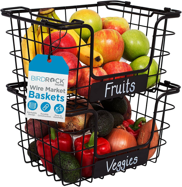 BirdRock Home Stacking Wire Market Baskets with Chalk Label | Set of 2 | Fruit Vegetable Produce Metal Storage Bin for Kitchen Counter | Black