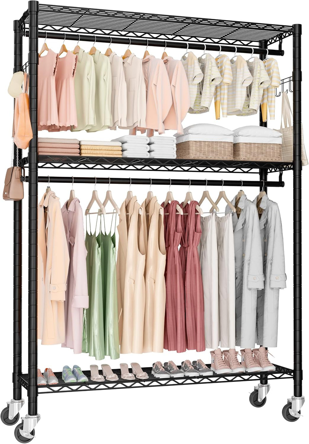 Heavy Duty Rolling Clothes Rack,500LB Small Clothes Rack with Wheels