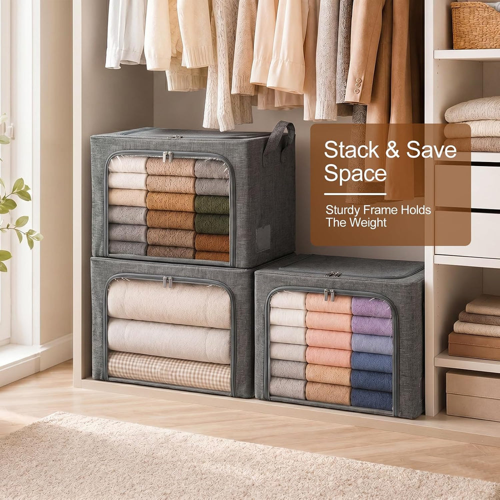 GoMaihe Clothes Storage Bins with Metal Frame for Blanket 3 Pack 66L Grey