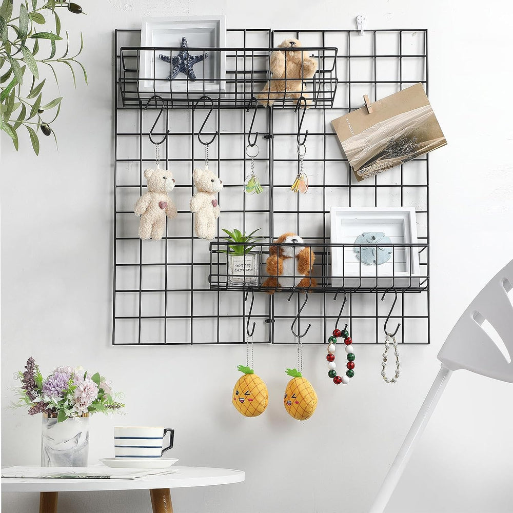 Black 4 Pack Grid Wall Hanging Baskets with 16 S Hooks, 15.8 x 3.9 x 3.2 Inch...