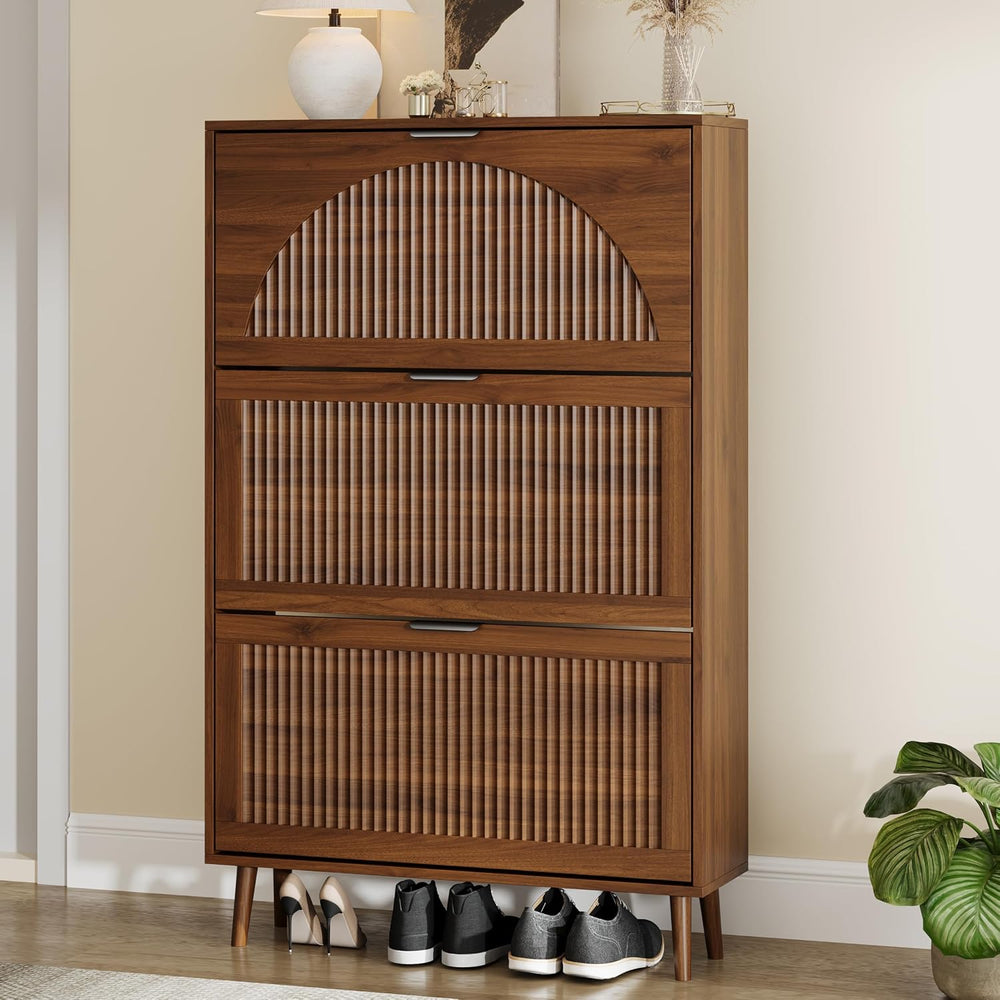 Shoe Storage Cabinet with 3 Flip Drawers, Narrow Wood Shoe Organizer Cabinet ...