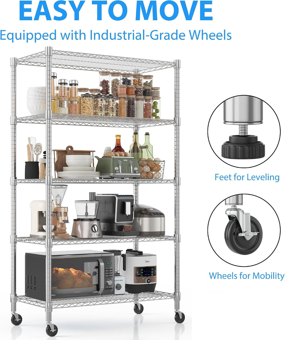 Homdox Heavy Duty Storage Shelves, 5 Tier Wire Shelving Unit with Wheels, Com...