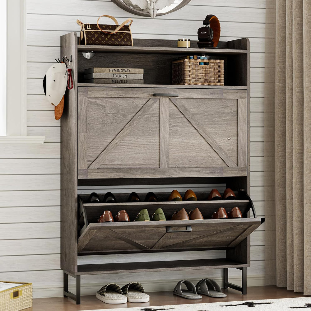 BORNOON Shoe Cabinet with 2 Flip Drawers Narrow Shoe Storage Organizer Wooden...