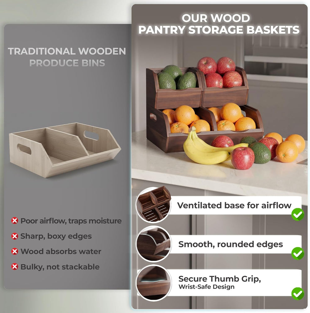 Acacia Wood Pantry Storage Bins - Stackable Open Front Kitchen Baskets